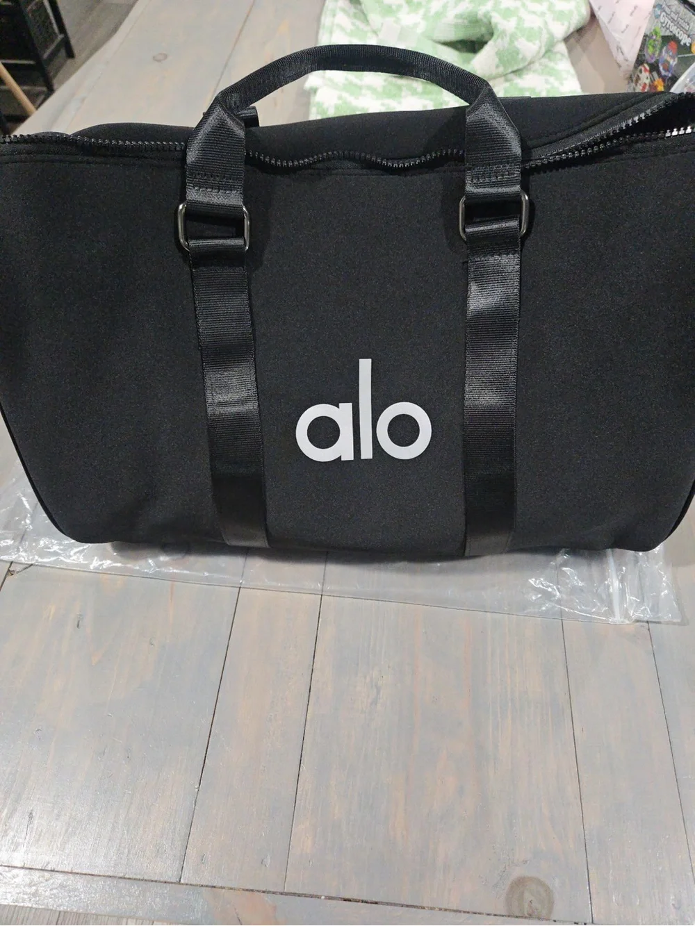 ALO Yoga Black Duffel Bag with White Logo traverse gym workout fitness travel